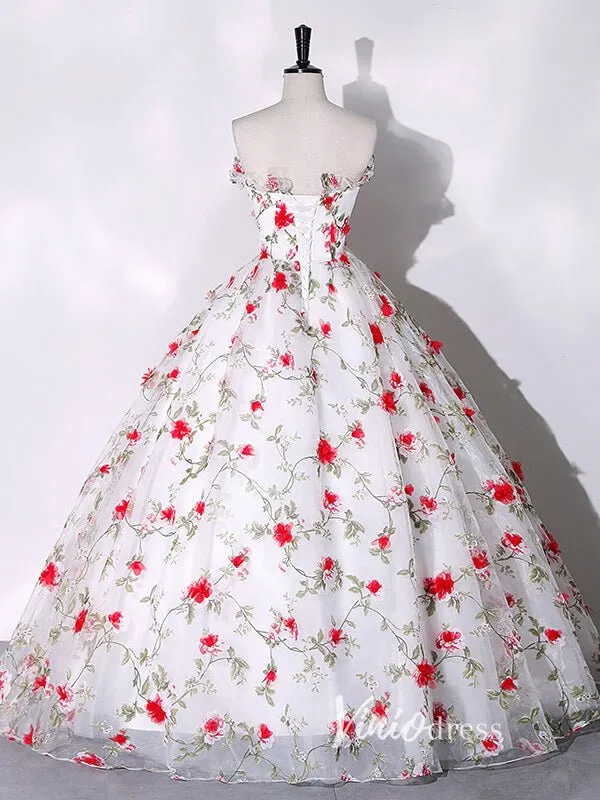 White Strapless Ball Gown Red Floral Quinceanera Dresses FD3533