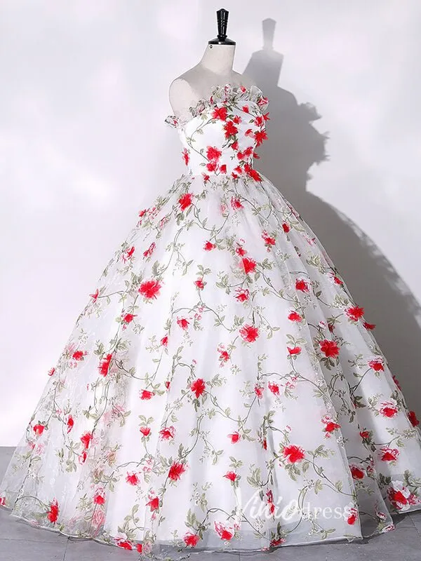 White Strapless Ball Gown Red Floral Quinceanera Dresses FD3533