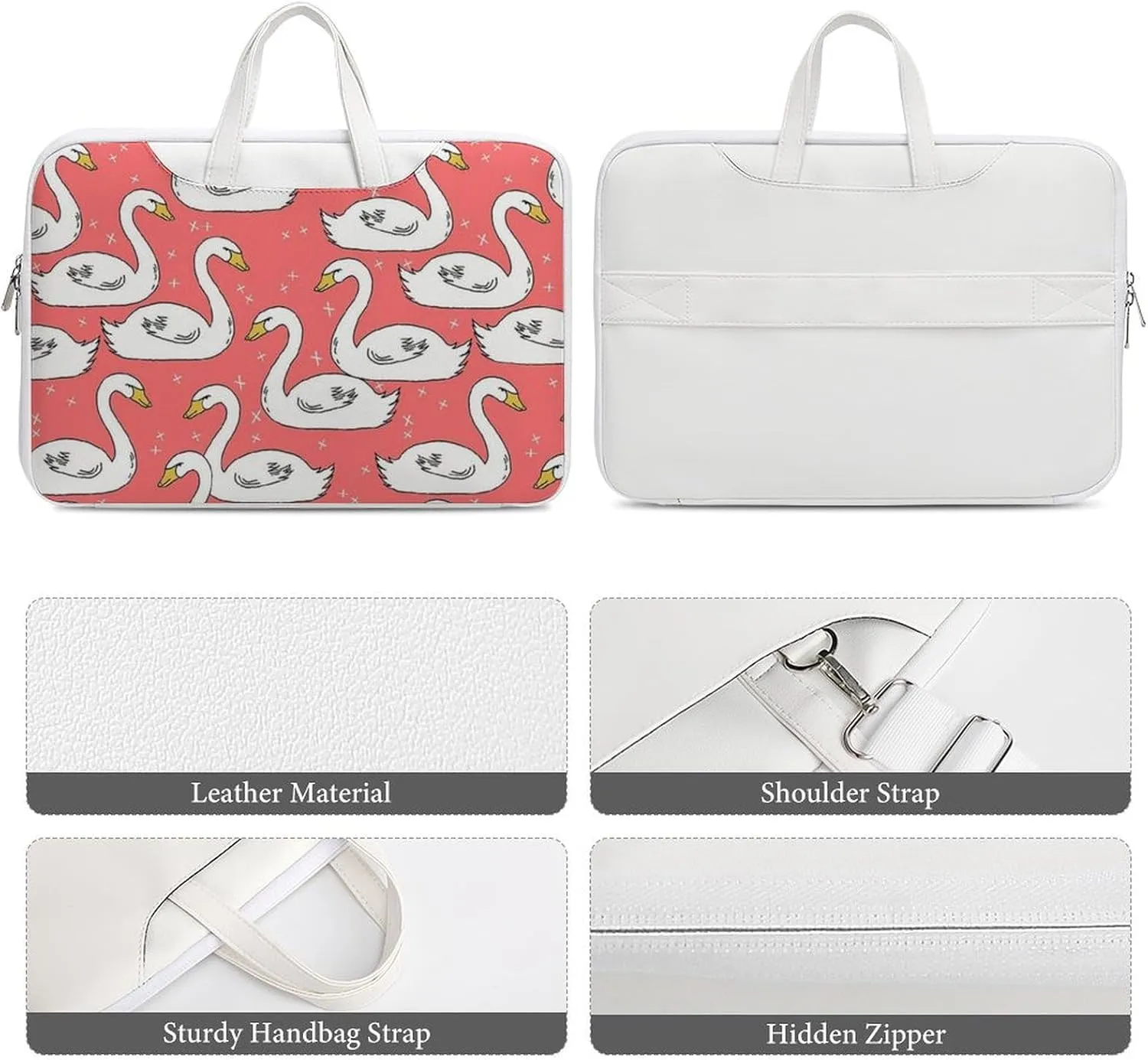 White Swans Leather Bag Laptop Case Slim Water Resistant Computer Bags with Handle Briefcase for Work