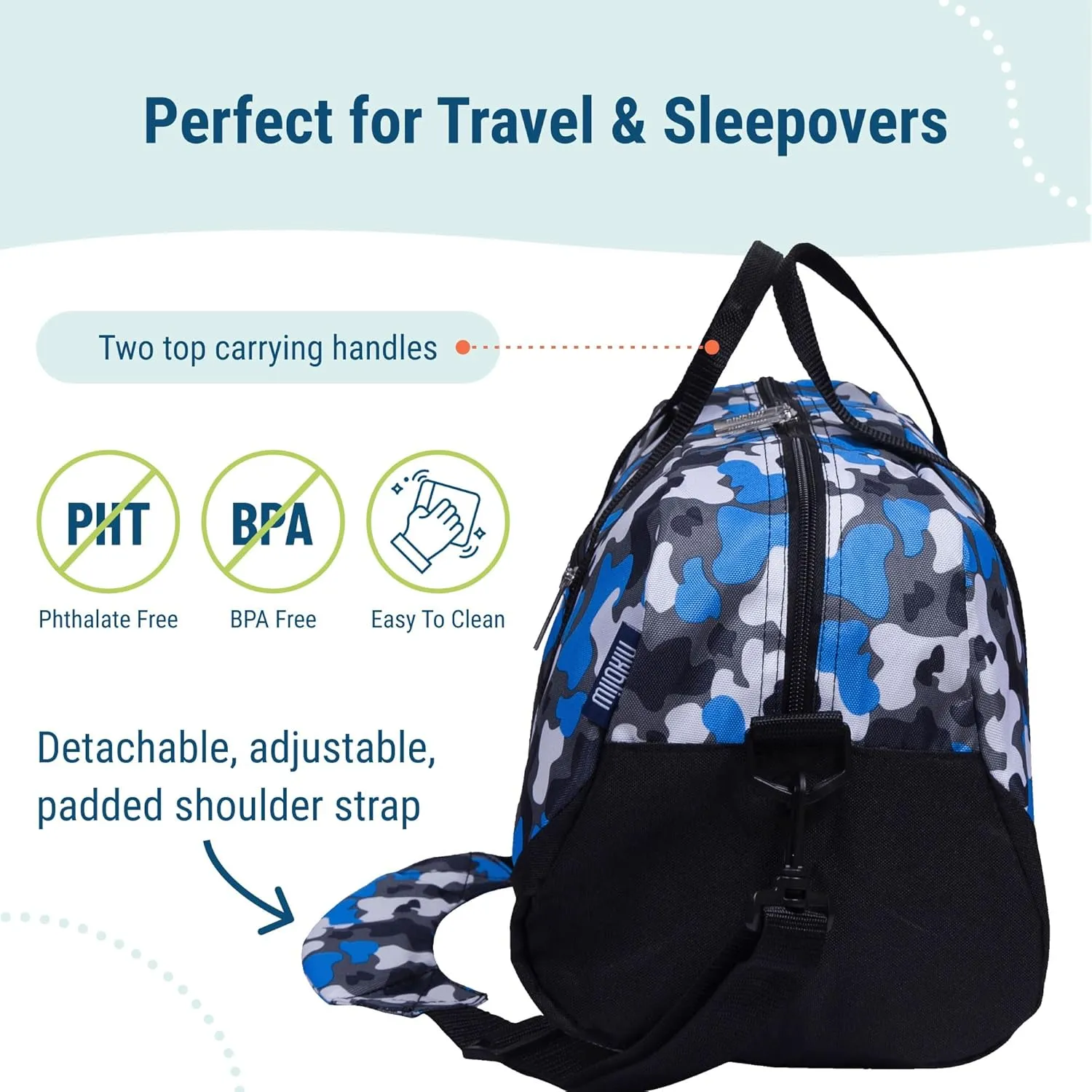 Wildkin Kids Overnighter Duffel Bag  Carry-On Size, Ideal for School & Sleepovers  Blue Camo