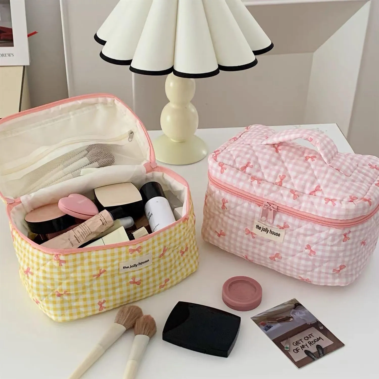 Women Cute Cosmetic Bags Preppy Fairycore Makeup Bag Quilted Bow Tie Print Toiletry Bag Coquette Zipper Travel Bag (L,Purple)