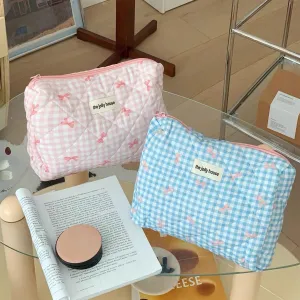 Women Cute Cosmetic Bags Preppy Fairycore Makeup Bag Quilted Bow Tie Print Toiletry Bag Coquette Zipper Travel Bag (L,Yellow)
