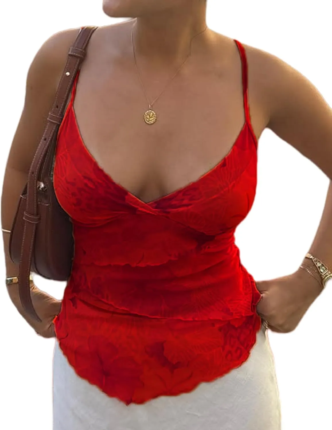 Women Floral Print Camisole Y2k V Neck Mesh Sheer Tank Top Coquette Spaghetti Strap Ruffle Layered Cami Tops