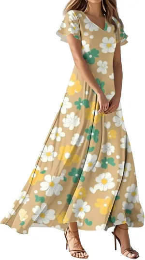 Women's Long Floral Dress Summer V-Neck Loose Fit Classy Short Sleeve Sundresses Trendy Beach Maxi Dress