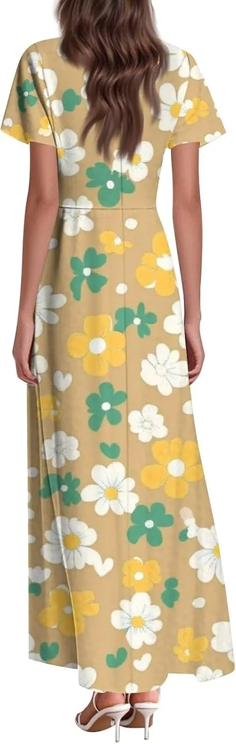 Women's Long Floral Dress Summer V-Neck Loose Fit Classy Short Sleeve Sundresses Trendy Beach Maxi Dress
