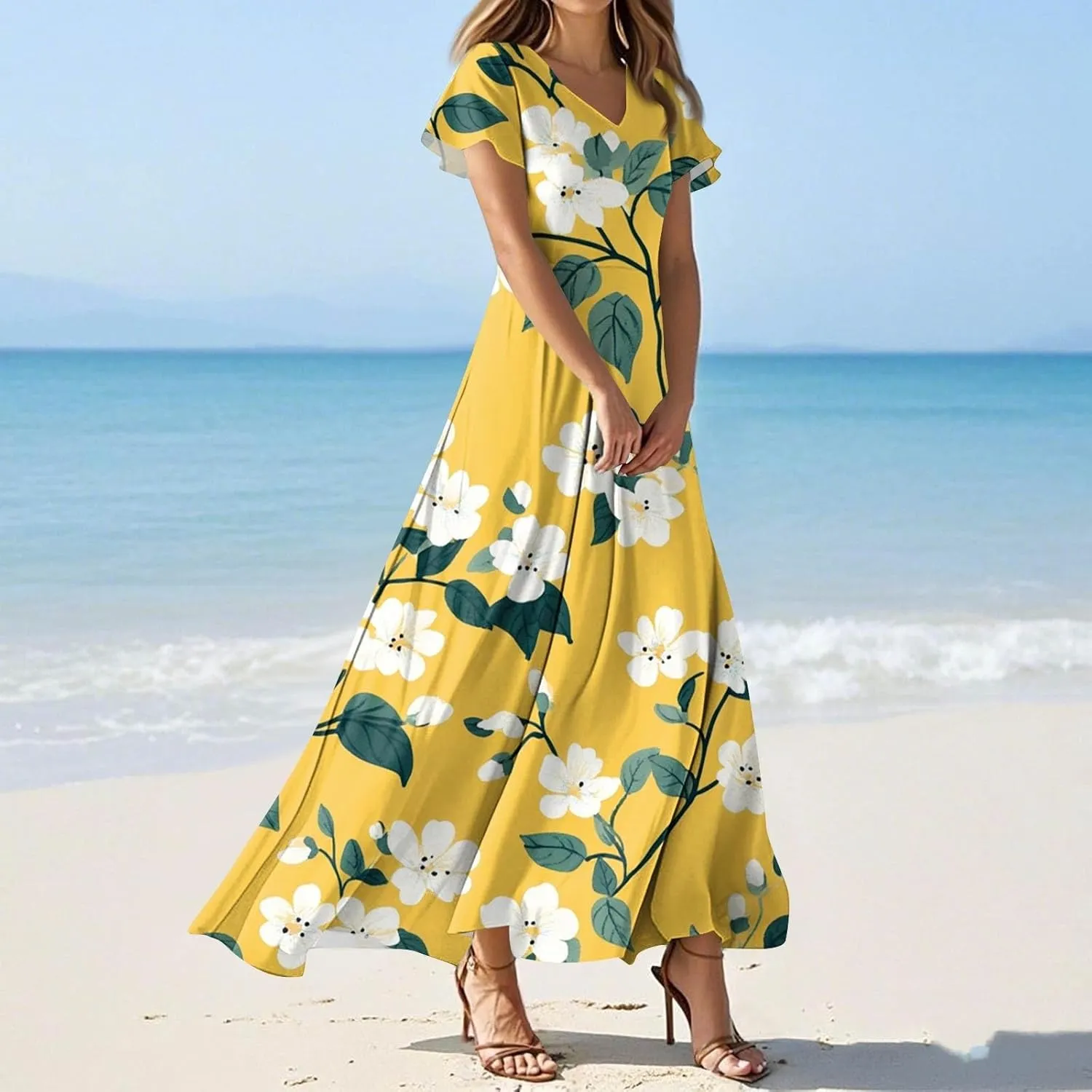 Women's Long Floral Dress Summer V-Neck Loose Fit Classy Short Sleeve Sundresses Trendy Beach Maxi Dress