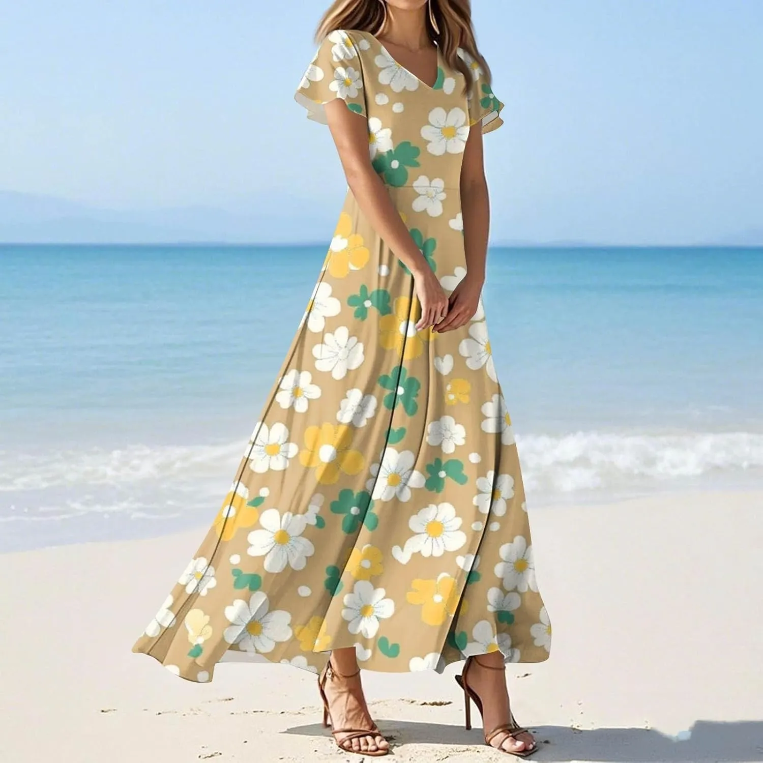 Women's Long Floral Dress Summer V-Neck Loose Fit Classy Short Sleeve Sundresses Trendy Beach Maxi Dress