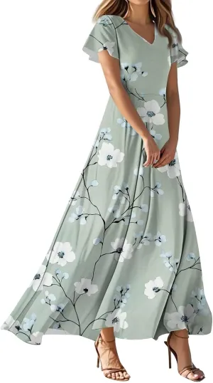 Women's Long Floral Dress Summer V-Neck Loose Fit Classy Short Sleeve Sundresses Trendy Beach Maxi Dress