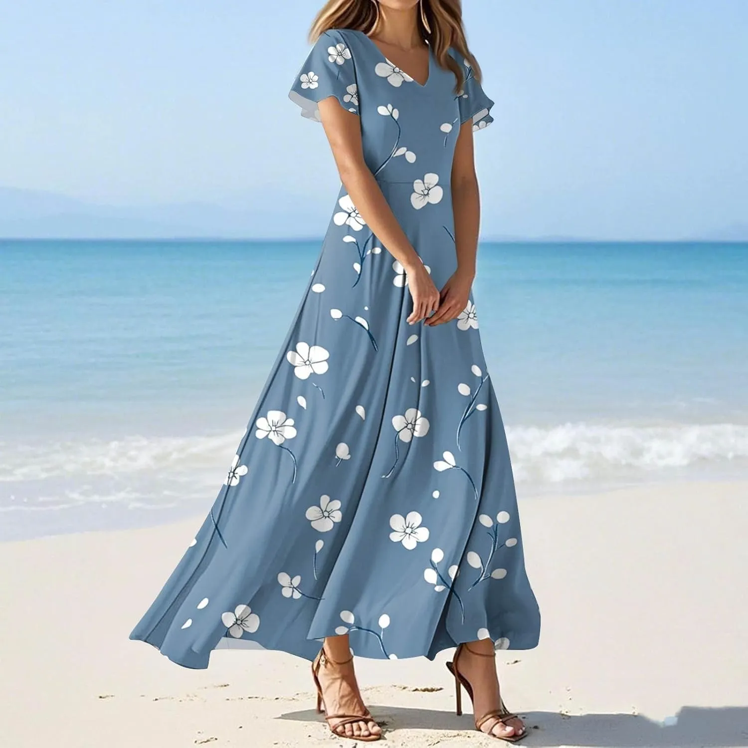 Women's Long Floral Dress Summer V-Neck Loose Fit Classy Short Sleeve Sundresses Trendy Beach Maxi Dress