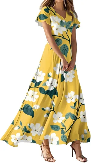 Women's Long Floral Dress Summer V-Neck Loose Fit Classy Short Sleeve Sundresses Trendy Beach Maxi Dress