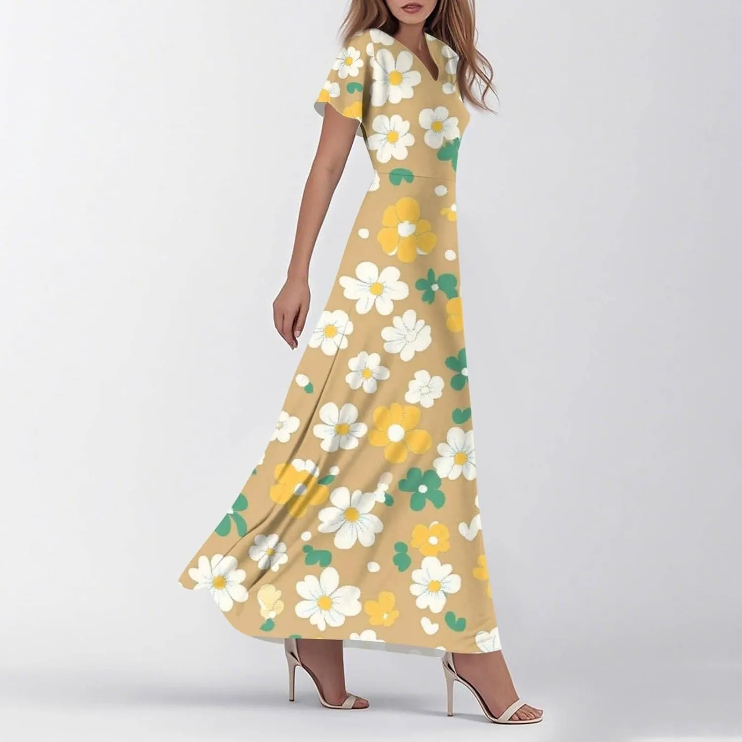 Women's Long Floral Dress Summer V-Neck Loose Fit Classy Short Sleeve Sundresses Trendy Beach Maxi Dress