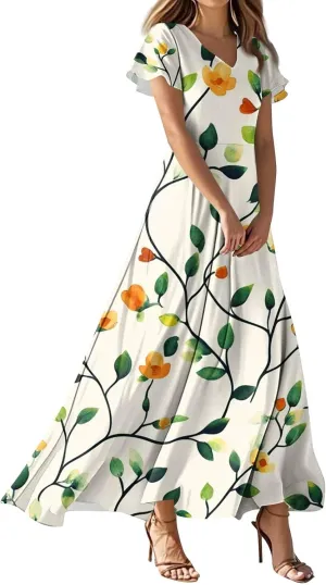 Women's Long Floral Dress Summer V-Neck Loose Fit Classy Short Sleeve Sundresses Trendy Beach Maxi Dress