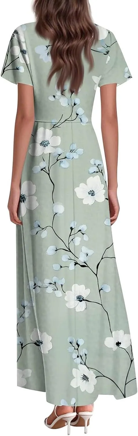 Women's Long Floral Dress Summer V-Neck Loose Fit Classy Short Sleeve Sundresses Trendy Beach Maxi Dress