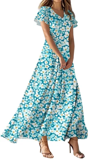 Women's Long Floral Dress Summer V-Neck Loose Fit Classy Short Sleeve Sundresses Trendy Beach Maxi Dress