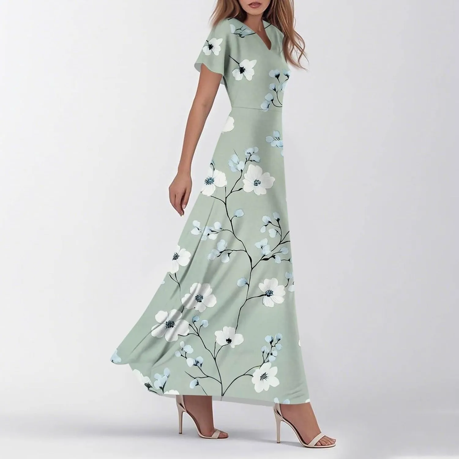 Women's Long Floral Dress Summer V-Neck Loose Fit Classy Short Sleeve Sundresses Trendy Beach Maxi Dress