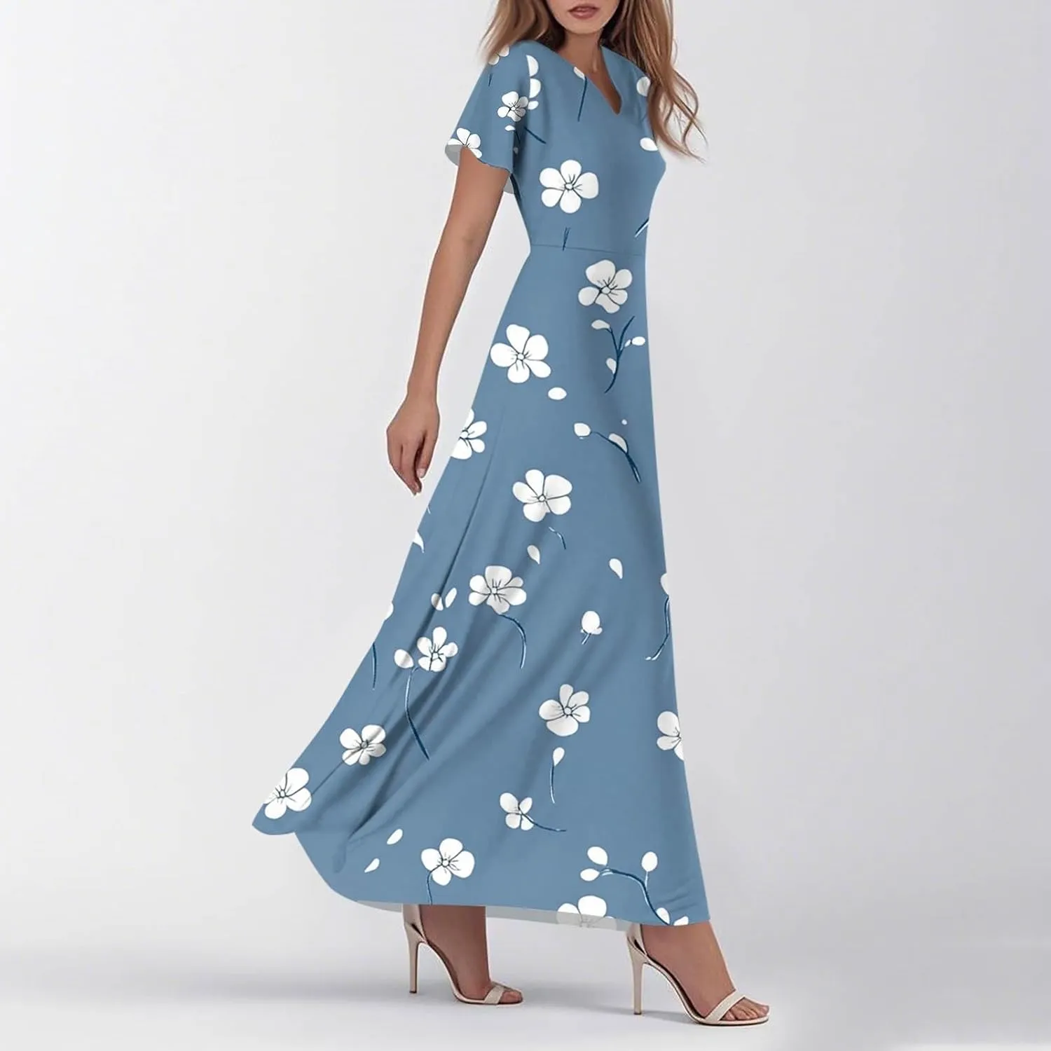 Women's Long Floral Dress Summer V-Neck Loose Fit Classy Short Sleeve Sundresses Trendy Beach Maxi Dress