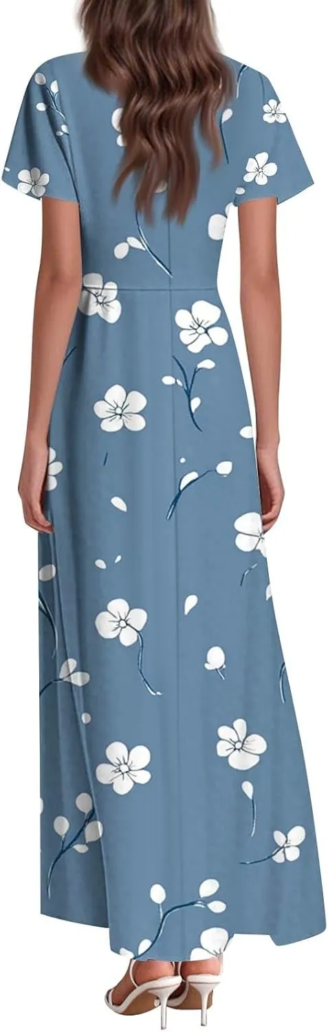 Women's Long Floral Dress Summer V-Neck Loose Fit Classy Short Sleeve Sundresses Trendy Beach Maxi Dress