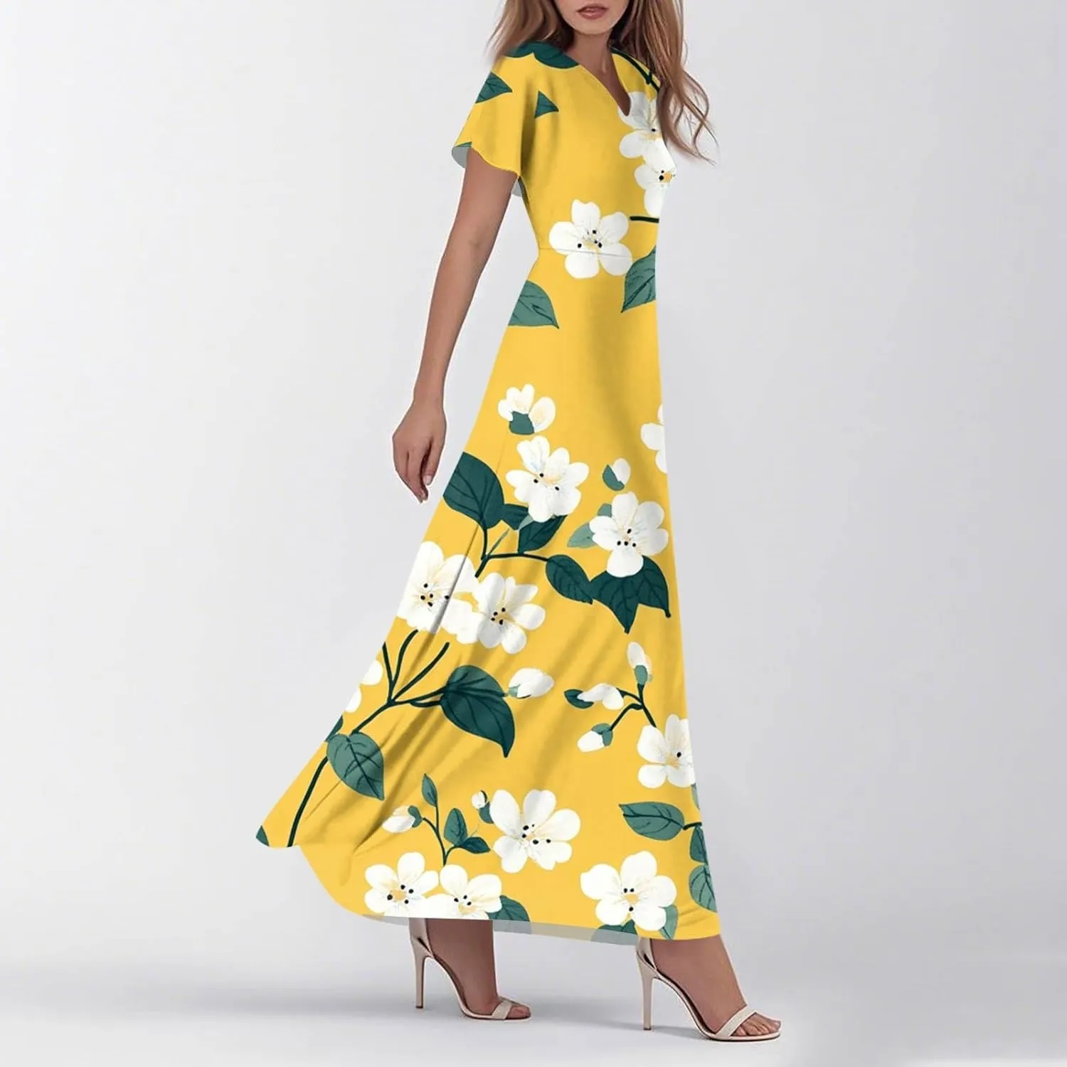 Women's Long Floral Dress Summer V-Neck Loose Fit Classy Short Sleeve Sundresses Trendy Beach Maxi Dress