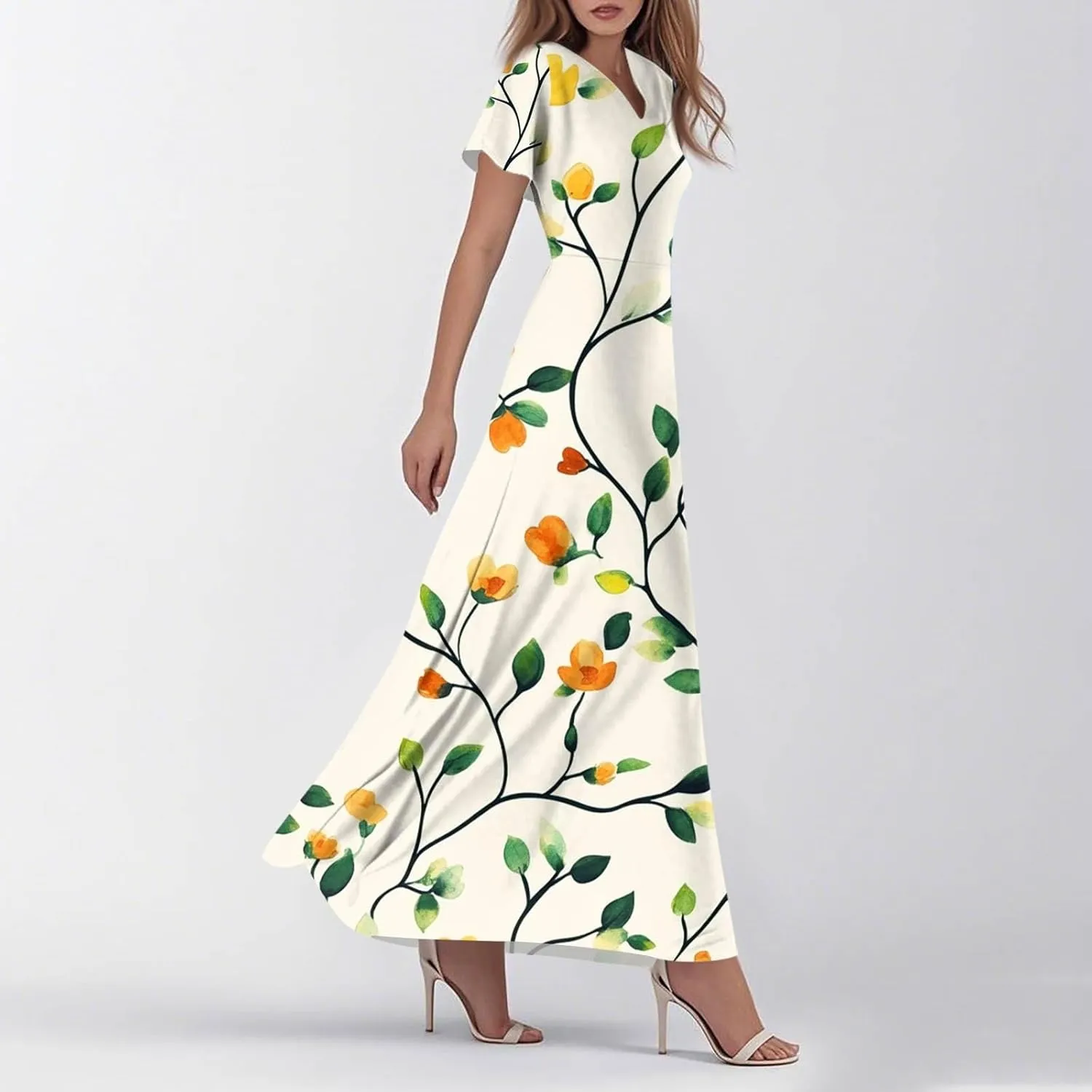 Women's Long Floral Dress Summer V-Neck Loose Fit Classy Short Sleeve Sundresses Trendy Beach Maxi Dress