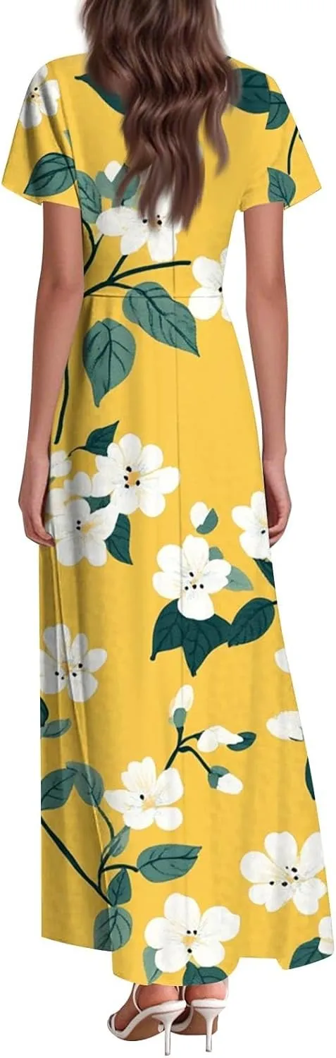 Women's Long Floral Dress Summer V-Neck Loose Fit Classy Short Sleeve Sundresses Trendy Beach Maxi Dress