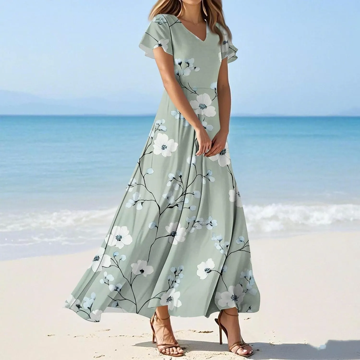 Women's Long Floral Dress Summer V-Neck Loose Fit Classy Short Sleeve Sundresses Trendy Beach Maxi Dress