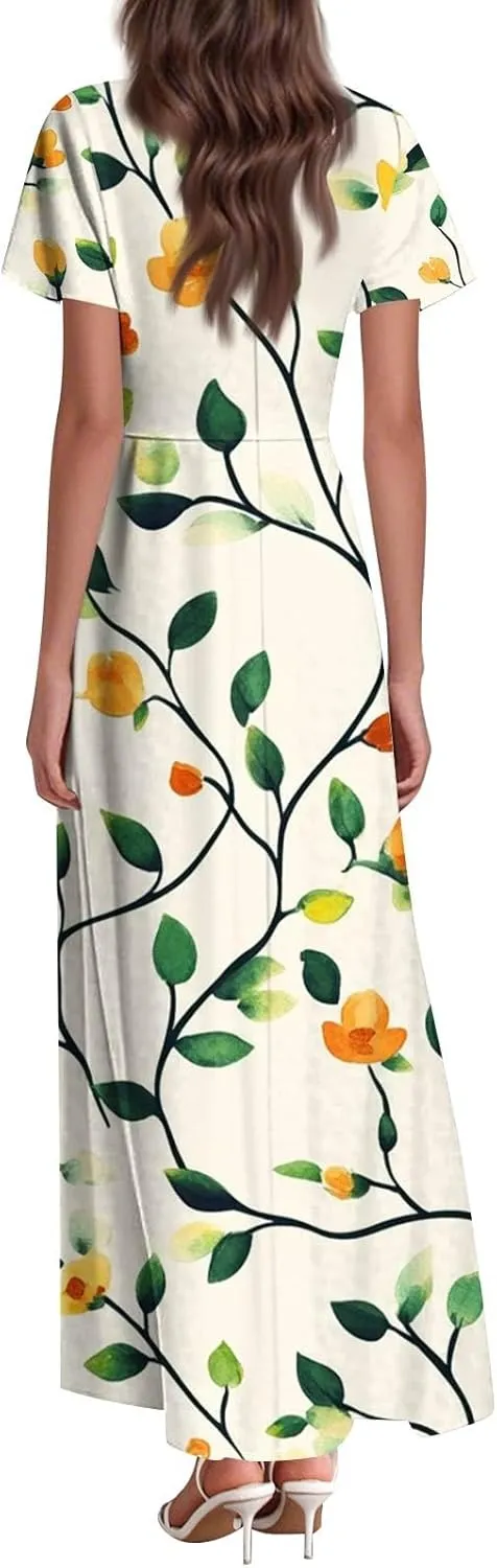 Women's Long Floral Dress Summer V-Neck Loose Fit Classy Short Sleeve Sundresses Trendy Beach Maxi Dress