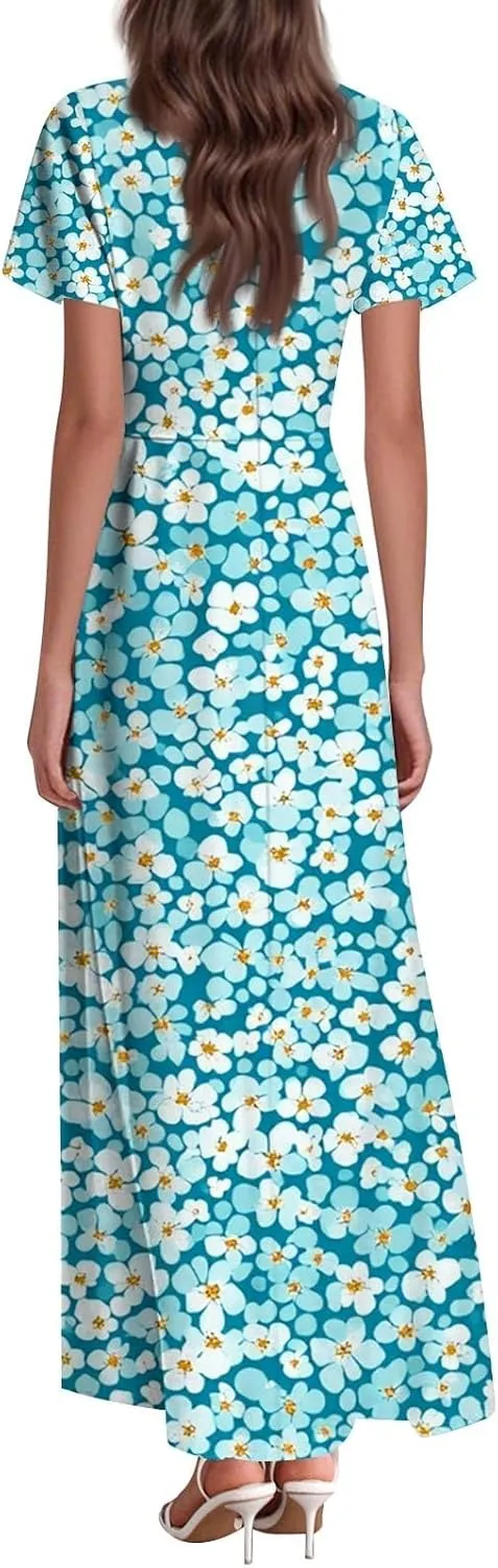 Women's Long Floral Dress Summer V-Neck Loose Fit Classy Short Sleeve Sundresses Trendy Beach Maxi Dress