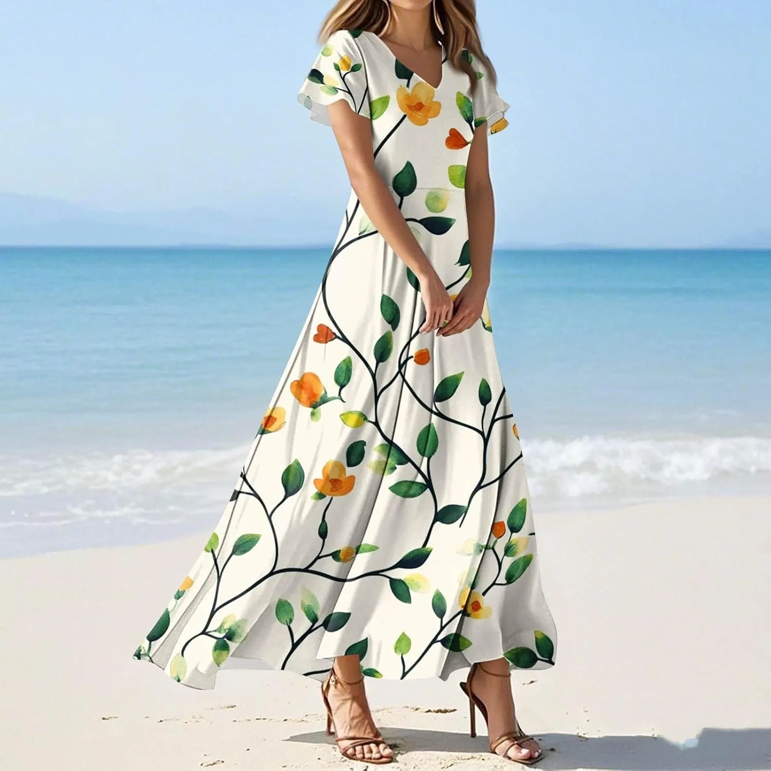 Women's Long Floral Dress Summer V-Neck Loose Fit Classy Short Sleeve Sundresses Trendy Beach Maxi Dress