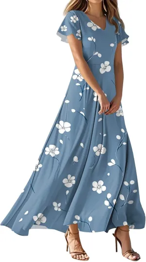 Women's Long Floral Dress Summer V-Neck Loose Fit Classy Short Sleeve Sundresses Trendy Beach Maxi Dress