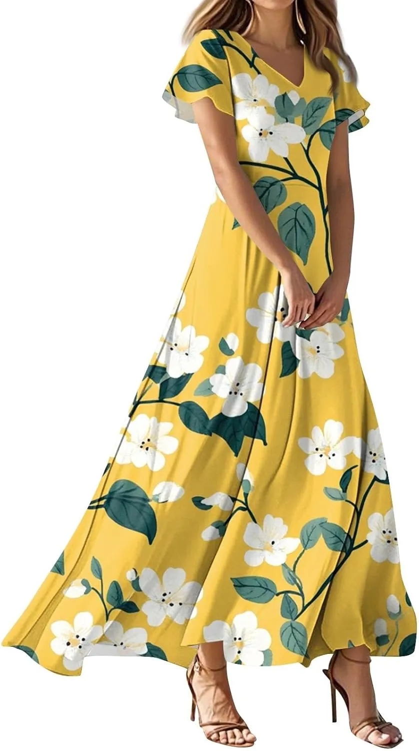 Women's Long Floral Dress Summer V-Neck Loose Fit Classy Short Sleeve Sundresses Trendy Beach Maxi Dress