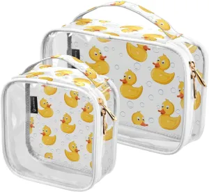 Yellow Baby Rubber Duck 2 Pieces Clear Makeup Cosmetic Toiletry Bags for Women PVC Waterproof Portable Travel Storage Carry Pouch with Gold Zippers Transparent Storage Bag for Organizing Traveling