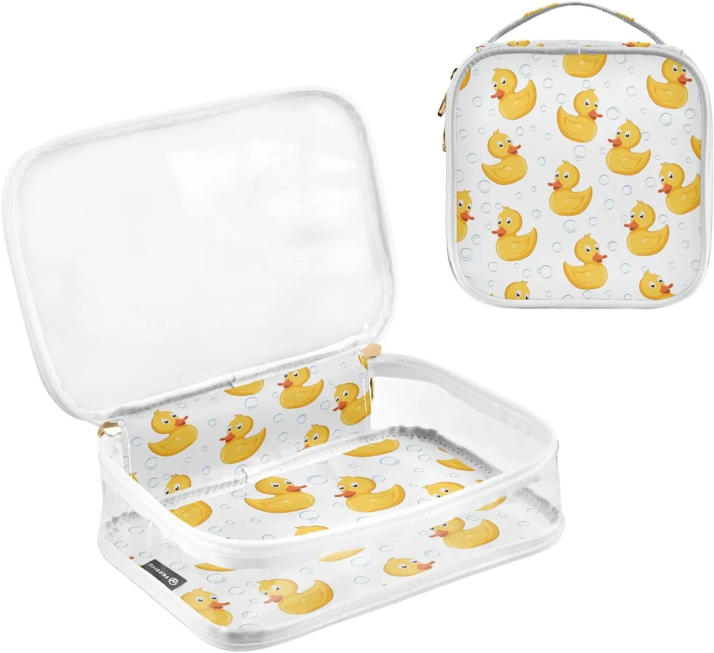 Yellow Baby Rubber Duck 2 Pieces Clear Makeup Cosmetic Toiletry Bags for Women PVC Waterproof Portable Travel Storage Carry Pouch with Gold Zippers Transparent Storage Bag for Organizing Traveling