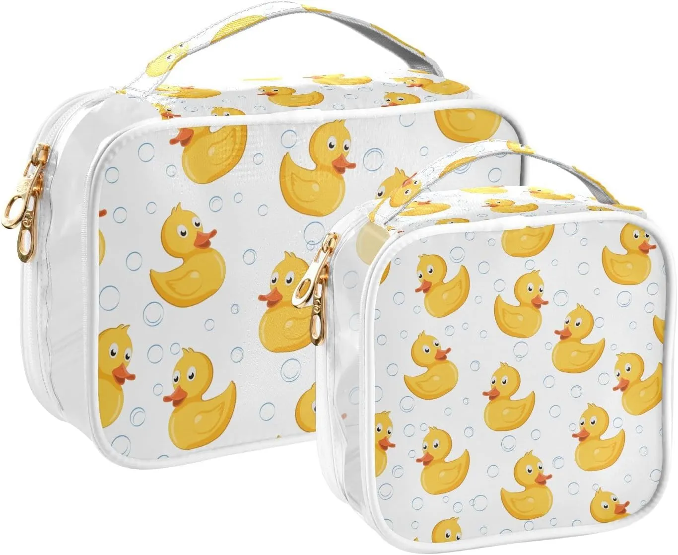 Yellow Baby Rubber Duck 2 Pieces Clear Makeup Cosmetic Toiletry Bags for Women PVC Waterproof Portable Travel Storage Carry Pouch with Gold Zippers Transparent Storage Bag for Organizing Traveling