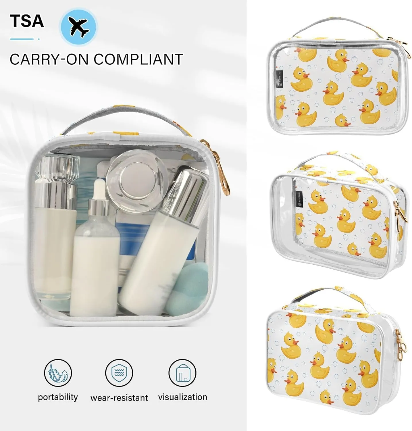 Yellow Baby Rubber Duck 2 Pieces Clear Makeup Cosmetic Toiletry Bags for Women PVC Waterproof Portable Travel Storage Carry Pouch with Gold Zippers Transparent Storage Bag for Organizing Traveling