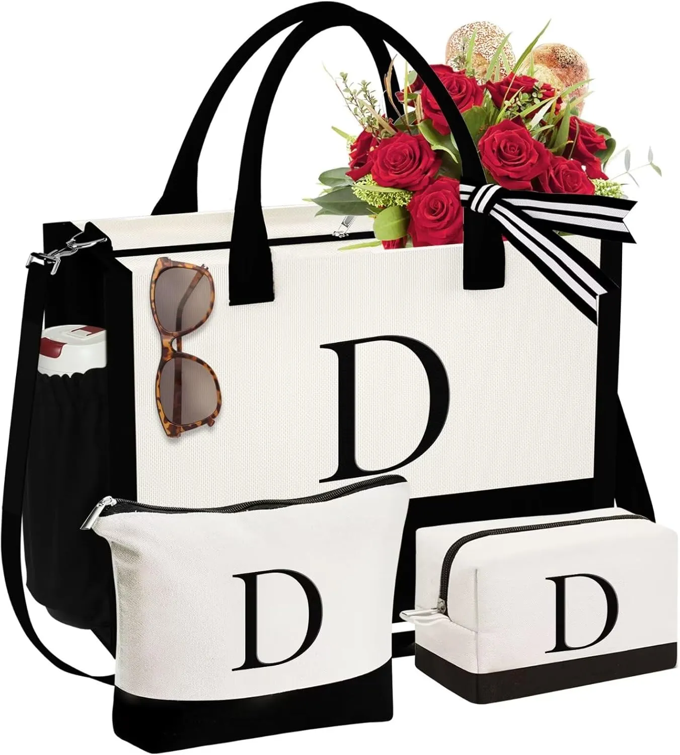 YOOLIFE Initial Canvas Tote Bag & Makeup Bag, Birthday Gifts for Women Mom Sister Friends, Bridesmaid Wedding Gifts