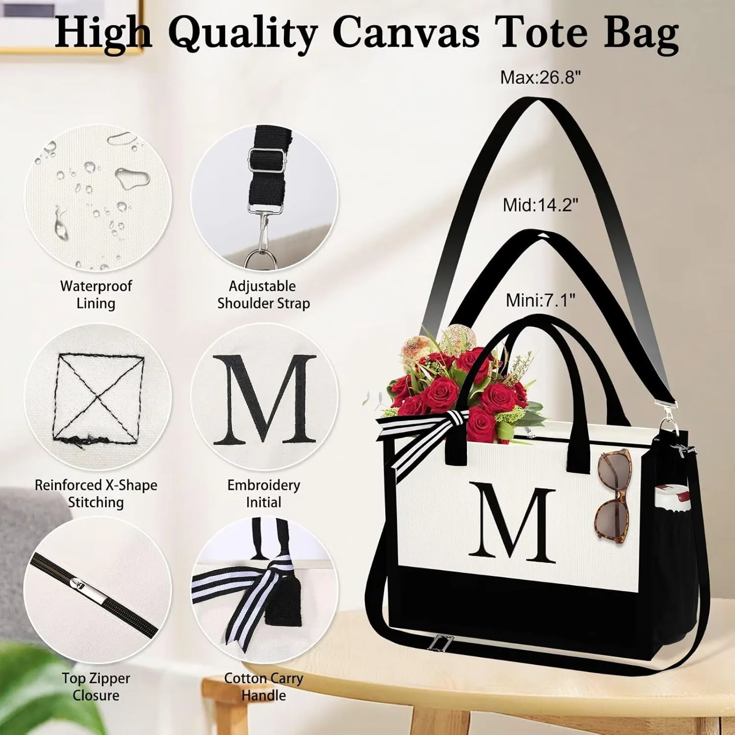 YOOLIFE Initial Canvas Tote Bag & Makeup Bag, Birthday Gifts for Women Mom Sister Friends, Bridesmaid Wedding Gifts