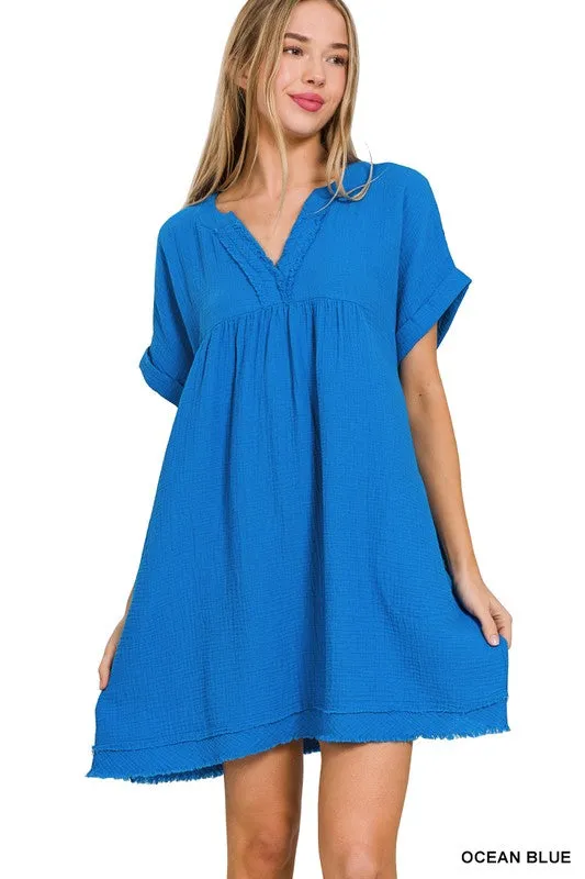 Zenana Cotton Double Gauze Solid Womens Dress S-XL In Ocean