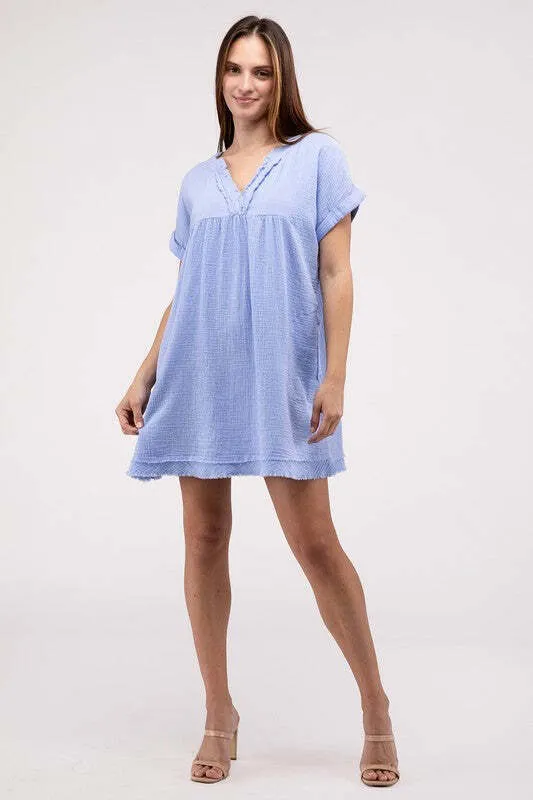 Zenana Cotton Double Gauze Solid Womens Dress S-XL In Ocean