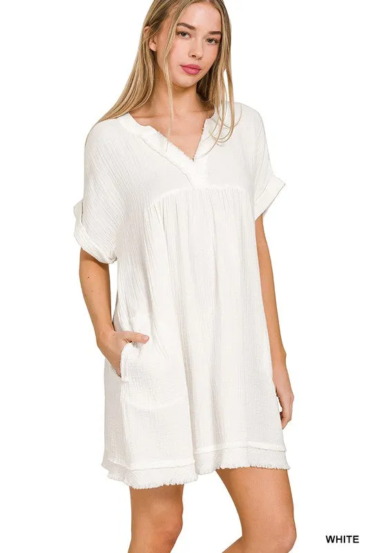 Zenana Cotton Double Gauze Solid Womens Dress S-XL in White